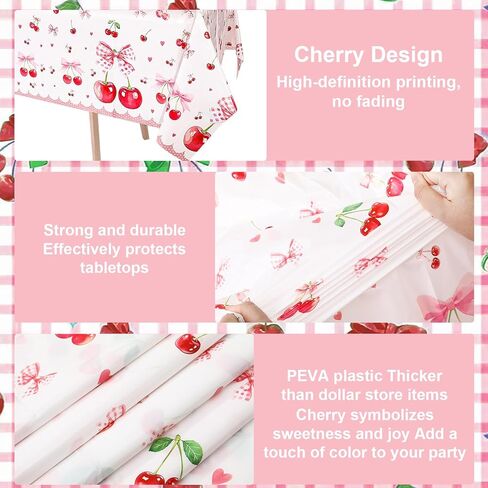 3 Pcs Cherry Birthday Decorations Tablecloths, Large Size Cherry and Bows Birthday Decorations Table Cloth Disposable Table Cover for Cherry Themed Party Baby Shower Favosr, 86.6 x 51.2 Inch in Saudi Arabia