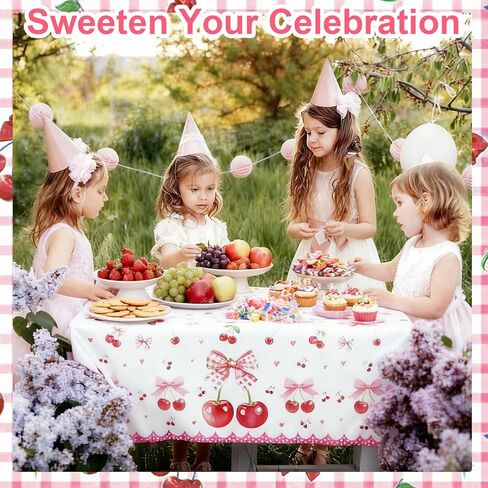 3 Pcs Cherry Birthday Decorations Tablecloths, Large Size Cherry and Bows Birthday Decorations Table Cloth Disposable Table Cover for Cherry Themed Party Baby Shower Favosr, 86.6 x 51.2 Inch in Saudi Arabia