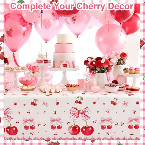 3 Pcs Cherry Birthday Decorations Tablecloths, Large Size Cherry and Bows Birthday Decorations Table Cloth Disposable Table Cover for Cherry Themed Party Baby Shower Favosr, 86.6 x 51.2 Inch in Saudi Arabia