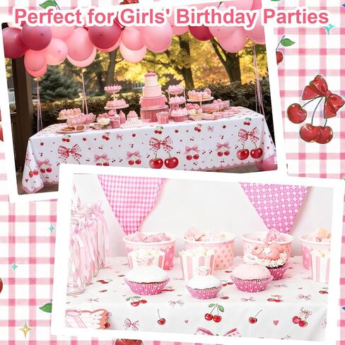 3 Pcs Cherry Birthday Decorations Tablecloths, Large Size Cherry and Bows Birthday Decorations Table Cloth Disposable Table Cover for Cherry Themed Party Baby Shower Favosr, 86.6 x 51.2 Inch in Saudi Arabia