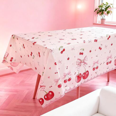 3 Pcs Cherry Birthday Decorations Tablecloths, Large Size Cherry and Bows Birthday Decorations Table Cloth Disposable Table Cover for Cherry Themed Party Baby Shower Favosr, 86.6 x 51.2 Inch in Saudi Arabia