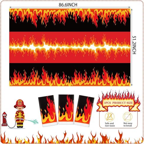 Tegeme 3 Pcs Fire Tablecloths Firefighter Fireman Birthday Table Cloth Party Decorations 7ft Red Flame Plastic Table Coverstablecloths for Picnic Home Outdoor Indoor Fire Heroes Birthday Suppliese in Saudi Arabia