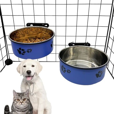 Dog Crate Food and Water Bowl 2Pcs Small Pet Hanging Kennel Removable Water Dish Feeding Cup with Holder for Medium Large Size Dog Puppy (Blue, S+L) in Saudi Arabia