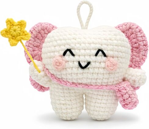 Tooth Fairy Crochet Plush with Detachable Tooth Pouch & Key Ring, Mini Tooth Holder Door Hanger for Lost Teeth, Includes Velvet Drawstring Bag, Tooth Fairy Pillow Alternative (Pink) in Kuwait