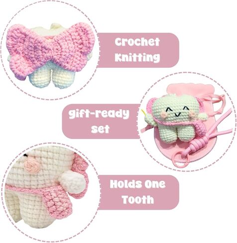 Tooth Fairy Crochet Plush with Detachable Tooth Pouch & Key Ring, Mini Tooth Holder Door Hanger for Lost Teeth, Includes Velvet Drawstring Bag, Tooth Fairy Pillow Alternative (Pink) in Kuwait