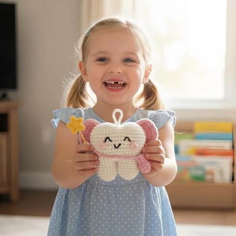 Tooth Fairy Crochet Plush with Detachable Tooth Pouch & Key Ring, Mini Tooth Holder Door Hanger for Lost Teeth, Includes Velvet Drawstring Bag, Tooth Fairy Pillow Alternative (Pink) in Kuwait