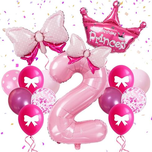 32-Inch Number 2 Balloon Set with Bows & Crown - Pink princess birthday party decorations for Girls, crown balloons, princess balloons, suitable for birthday decorations (2) in Saudi Arabia