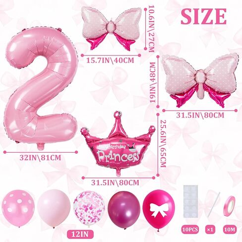 32-Inch Number 2 Balloon Set with Bows & Crown - Pink princess birthday party decorations for Girls, crown balloons, princess balloons, suitable for birthday decorations (2) in Saudi Arabia