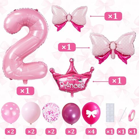 32-Inch Number 2 Balloon Set with Bows & Crown - Pink princess birthday party decorations for Girls, crown balloons, princess balloons, suitable for birthday decorations (2) in Saudi Arabia
