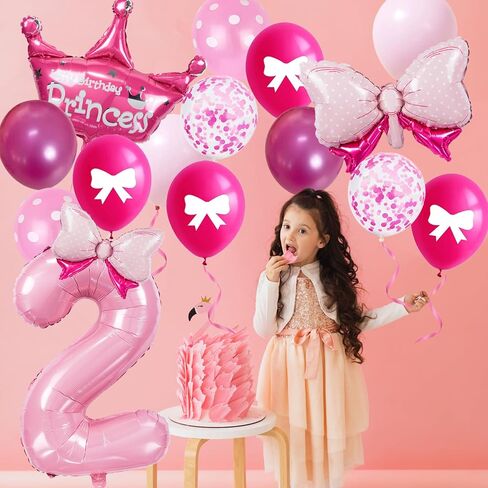 32-Inch Number 2 Balloon Set with Bows & Crown - Pink princess birthday party decorations for Girls, crown balloons, princess balloons, suitable for birthday decorations (2) in Saudi Arabia