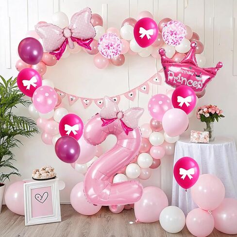 32-Inch Number 2 Balloon Set with Bows & Crown - Pink princess birthday party decorations for Girls, crown balloons, princess balloons, suitable for birthday decorations (2) in Saudi Arabia