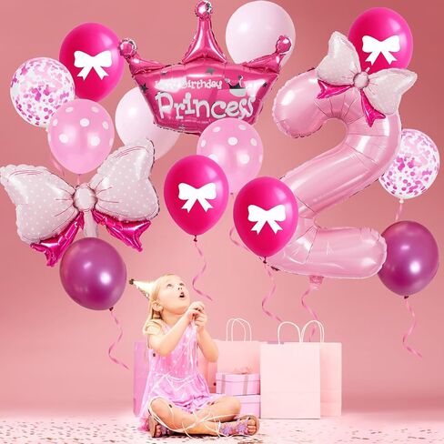 32-Inch Number 2 Balloon Set with Bows & Crown - Pink princess birthday party decorations for Girls, crown balloons, princess balloons, suitable for birthday decorations (2) in Saudi Arabia