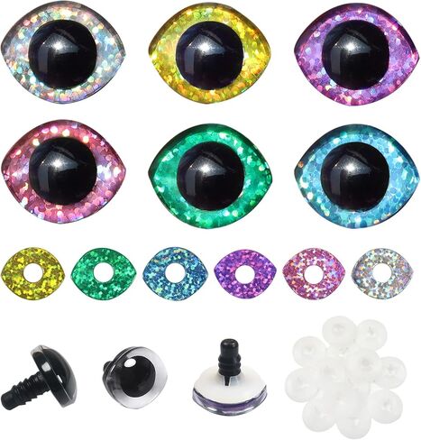 TOAOB 12 Set Glitter Oval Safety Eyes for Amigurumis 23 x 28mm Crochet Safety Eyes with Washers 6 Colors Doll Eyes for DIY Puppet Stuffed Animals Making in Saudi Arabia