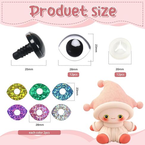 TOAOB 12 Set Glitter Oval Safety Eyes for Amigurumis 23 x 28mm Crochet Safety Eyes with Washers 6 Colors Doll Eyes for DIY Puppet Stuffed Animals Making in Saudi Arabia