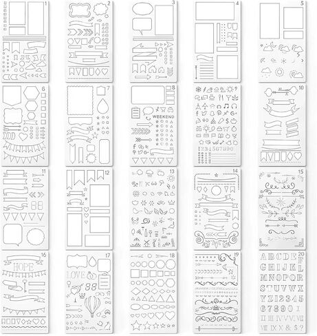 20Pcs Bullet Journal Stencils, Reusable Planner Stencils, Multi-Purpose Planning Template, Planner Accessories, Suitable for DIY Handbooks,Scrapbooking Drawing, Handmade Cards in Saudi Arabia