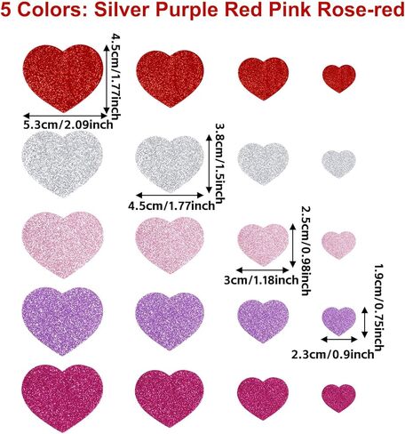 1 Pack 360pcs Foam Heart Stickers Self Adhesive Glitter Heart Shapes Decals for Valentine's Day Decoration DIY Craft Greeting Cards Party Gift Supplies, 5 Colors (Red Pink Rose White Purple) in Saudi Arabia