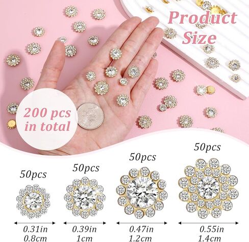 200 PCS 4 Sizes Sew on Rhinestones, Flower Rhinestones Crystal Glass with Metal Base Glitter Sunflower Claw Flatback Beads for Crafting Bedazzling Clothes Hats Bags Sewing Accessories (Gold White) in Saudi Arabia