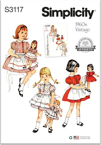 Simplicity SS3117A فستان ومئزر الأطفال الكلاسيكي من الخمسينيات، فستان الدمى والدمى وحزمة نمط الخياطة المئزر، رمز التصميم S3117، الأحجام 2-3-4-5-6 in Kuwait