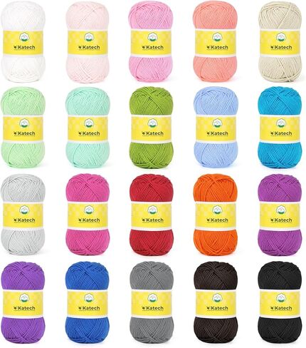 خيوط قطنية Katech 20 Mini 1OO% للكروشيه - وزن 3 DK - 1780 ياردة من خيوط الأطفال الناعمة للحرف اليدوية - مجموعة خيوط متعددة الألوان لحياكة ملابس الأطفال، مجموعة قوس قزح الأفغانية للمبتدئين والكروشيه (25 جم/89 ياردة) in Kuwait