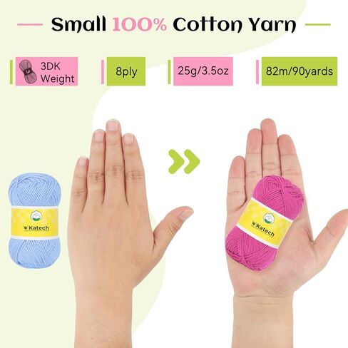 خيوط قطنية Katech 20 Mini 1OO% للكروشيه - وزن 3 DK - 1780 ياردة من خيوط الأطفال الناعمة للحرف اليدوية - مجموعة خيوط متعددة الألوان لحياكة ملابس الأطفال، مجموعة قوس قزح الأفغانية للمبتدئين والكروشيه (25 جم/89 ياردة) in Kuwait