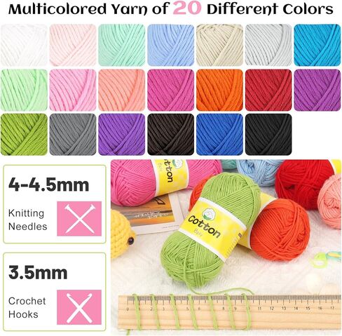 خيوط قطنية Katech 20 Mini 1OO% للكروشيه - وزن 3 DK - 1780 ياردة من خيوط الأطفال الناعمة للحرف اليدوية - مجموعة خيوط متعددة الألوان لحياكة ملابس الأطفال، مجموعة قوس قزح الأفغانية للمبتدئين والكروشيه (25 جم/89 ياردة) in Kuwait