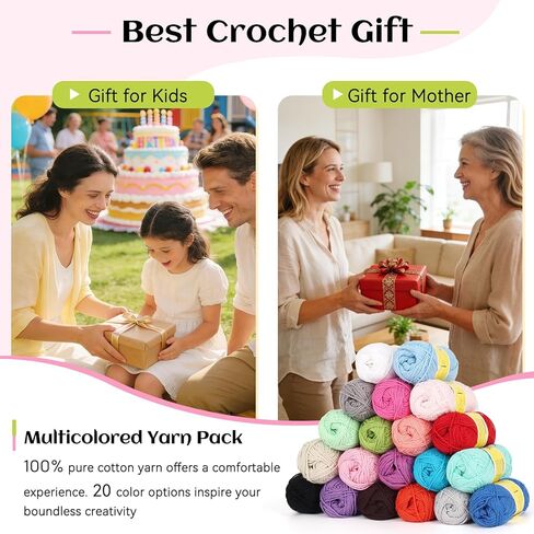 خيوط قطنية Katech 20 Mini 1OO% للكروشيه - وزن 3 DK - 1780 ياردة من خيوط الأطفال الناعمة للحرف اليدوية - مجموعة خيوط متعددة الألوان لحياكة ملابس الأطفال، مجموعة قوس قزح الأفغانية للمبتدئين والكروشيه (25 جم/89 ياردة) in Kuwait