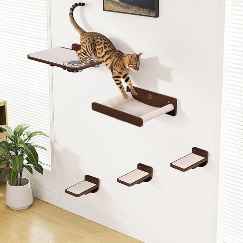 Space-Saving Cat Wall Shelves – Interactive Cat Wall Climber with Hammock & Dog Proof Feeding Station for Small & Medium Indoor Breeds – Solid Walnut Wood with Beige Carpet in Saudi Arabia