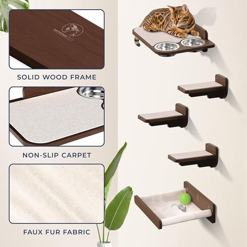 Space-Saving Cat Wall Shelves – Interactive Cat Wall Climber with Hammock & Dog Proof Feeding Station for Small & Medium Indoor Breeds – Solid Walnut Wood with Beige Carpet in Saudi Arabia