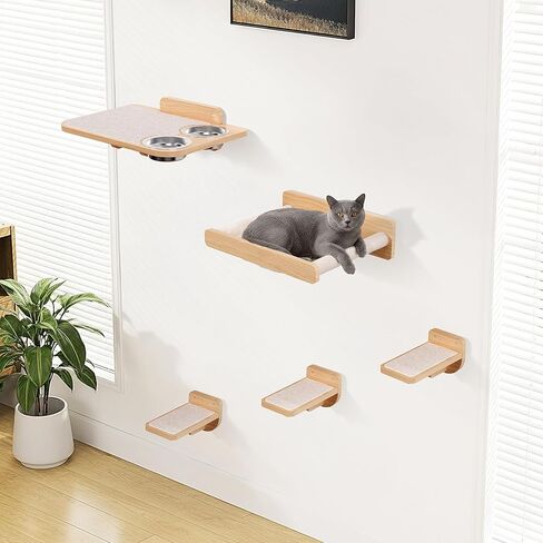Space-Saving Cat Wall Shelves – Interactive Cat Wall Climber with Hammock & Dog Proof Feeding Station for Small & Medium Indoor Breeds – Solid Walnut Wood with Beige Carpet in Saudi Arabia