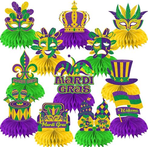 12 Pcs Mardi Gras Decorations Honeycomb Centerpieces, Glitter Mardi Gras Table Decorations, Mardi Gras Centerpieces for Tables, Mardi Gras Table Decor for Home Masquerade Masks Crown Signs Party in Saudi Arabia