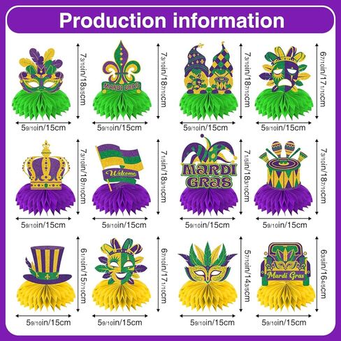 12 Pcs Mardi Gras Decorations Honeycomb Centerpieces, Glitter Mardi Gras Table Decorations, Mardi Gras Centerpieces for Tables, Mardi Gras Table Decor for Home Masquerade Masks Crown Signs Party in Saudi Arabia