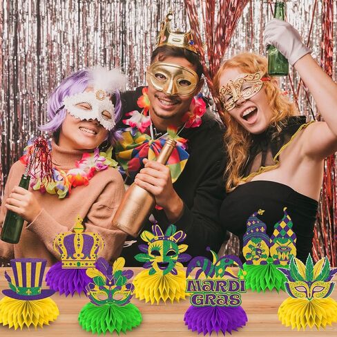 12 Pcs Mardi Gras Decorations Honeycomb Centerpieces, Glitter Mardi Gras Table Decorations, Mardi Gras Centerpieces for Tables, Mardi Gras Table Decor for Home Masquerade Masks Crown Signs Party in Saudi Arabia