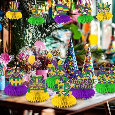 12 Pcs Mardi Gras Decorations Honeycomb Centerpieces, Glitter Mardi Gras Table Decorations, Mardi Gras Centerpieces for Tables, Mardi Gras Table Decor for Home Masquerade Masks Crown Signs Party in Saudi Arabia
