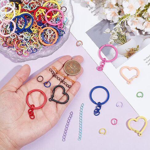 NBEADS about 637 Pcs DIY Keychain Findings Kits, Colorful Heart Trigger Spring Rings Flat Round Key Rings and Jump Ring Chain Extender for DIY Craft Making Jewelry in Saudi Arabia