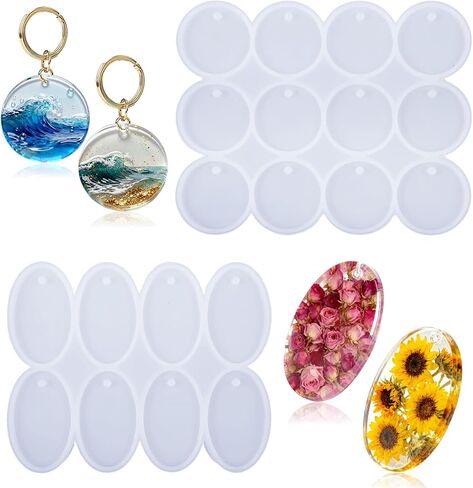 Thinp 20 Cavity Resin Keychain Molds, Flat Circle Silicone Mold with Hole Oval Round Ornament Molds for Epoxy Resin Pendant Silicone Mold for Earrings DIY Pet Tag Xmas Decorations in Saudi Arabia