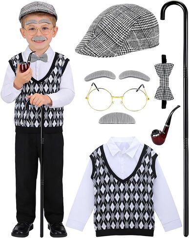 Old Man Costume for Kids - 7 Pcs Boys 100 Days of School Costume for Grandpa Outfit Dress Up Cosplay in Kuwait