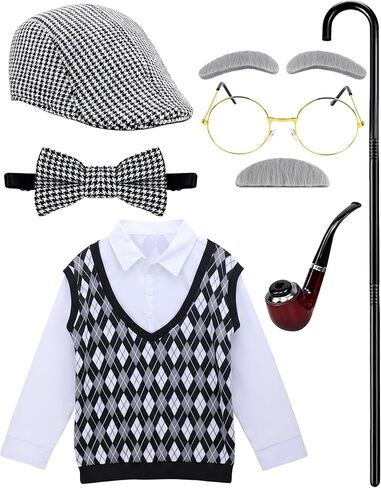Old Man Costume for Kids - 7 Pcs Boys 100 Days of School Costume for Grandpa Outfit Dress Up Cosplay in Kuwait