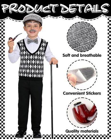 Old Man Costume for Kids - 7 Pcs Boys 100 Days of School Costume for Grandpa Outfit Dress Up Cosplay in Kuwait