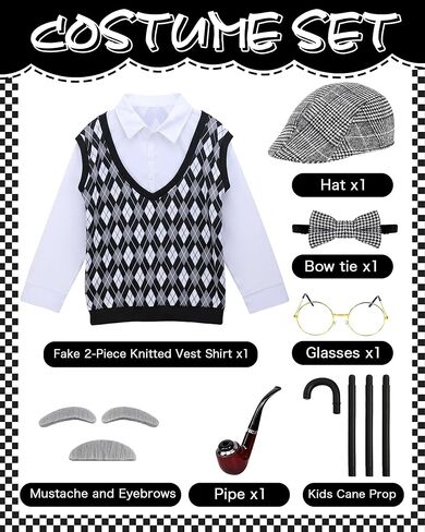 Old Man Costume for Kids - 7 Pcs Boys 100 Days of School Costume for Grandpa Outfit Dress Up Cosplay in Kuwait