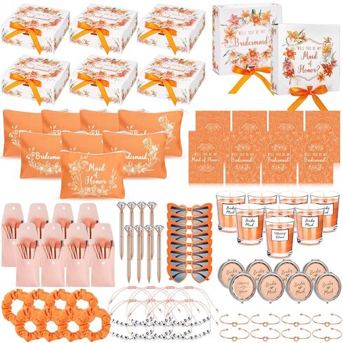 Nuogo 88 Pcs 8 Sets Bridesmaid Proposal Gift Wedding Bridesmaid Box Set Maid of Honor Gift Include Box Candle Invited Cards Scrunchies Hair Elastics Ties Knotted Bracelets Diamond Pens(Green,Modern) in Saudi Arabia