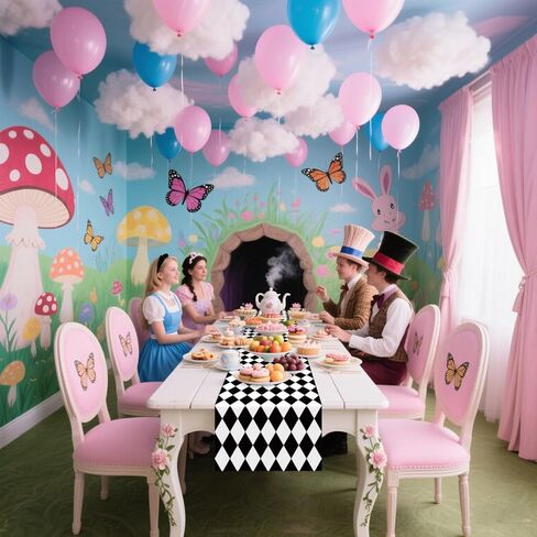 6 Pcs Black and White Checkered Table Runner, 14 x 108 in Alice Tablecloths for Racing Theme, Halloween, Wonderland Party, Classic Checker Indoor Outdoor Decorations in Saudi Arabia
