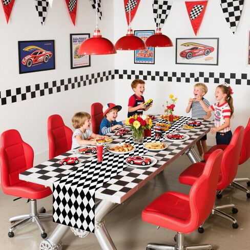 6 Pcs Black and White Checkered Table Runner, 14 x 108 in Alice Tablecloths for Racing Theme, Halloween, Wonderland Party, Classic Checker Indoor Outdoor Decorations in Saudi Arabia
