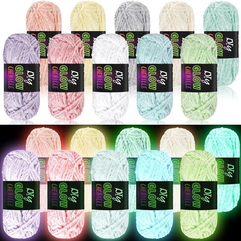 Fanfanwin 10 Rolls Glow in The Dark Chenille Yarn Magic Luminous Crochet Fancy Yarn Glow Sewing Craft for DIY Arts Crafts Christmas Winter Knitting Sewing Crocheting Supplies, 76.5 Yard Per Roll in Saudi Arabia