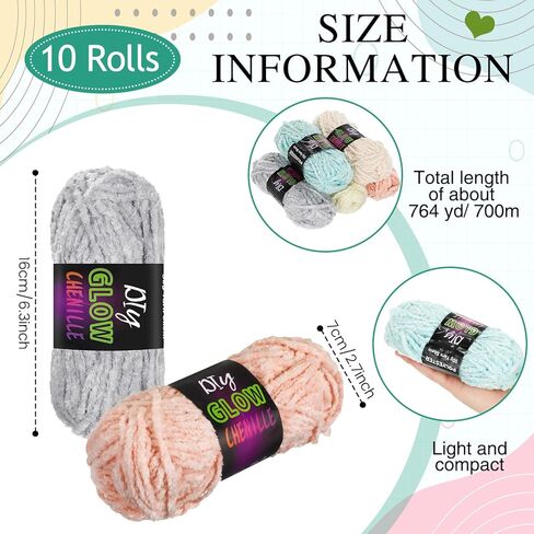 Fanfanwin 10 Rolls Glow in The Dark Chenille Yarn Magic Luminous Crochet Fancy Yarn Glow Sewing Craft for DIY Arts Crafts Christmas Winter Knitting Sewing Crocheting Supplies, 76.5 Yard Per Roll in Saudi Arabia