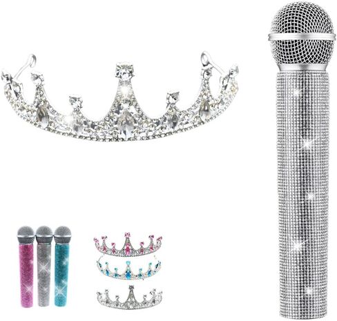 دعامة ميكروفون وهمية لامعة وتاج كريستال - لعبة ميكروفون وتاج من حجر الراين اللامع للفتيات، فستان الأميرة in Kuwait