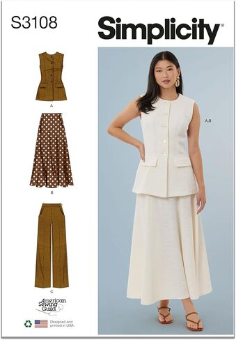 Simplicity SS3108H5 سترة غير مبطنة شبه جاهزة وتنورة واسعة وسراويل واسعة الساق من American Sewing Guild، رمز التصميم S3108، المقاسات 6-8-10-12-14 in Kuwait