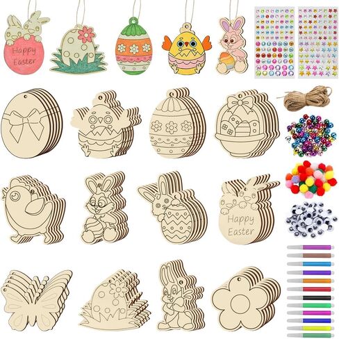 60 PCS Unfinished Easter Ornament Wood Crafts, 12 Styles DIY Unfinished Wood Crafts Kit with Strings, Colored Bells for Crafts Hanging Decorations, Egg Rabbit Bunny Butterfly Flower Hen Happy Easter in Saudi Arabia