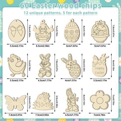 60 PCS Unfinished Easter Ornament Wood Crafts, 12 Styles DIY Unfinished Wood Crafts Kit with Strings, Colored Bells for Crafts Hanging Decorations, Egg Rabbit Bunny Butterfly Flower Hen Happy Easter in Saudi Arabia