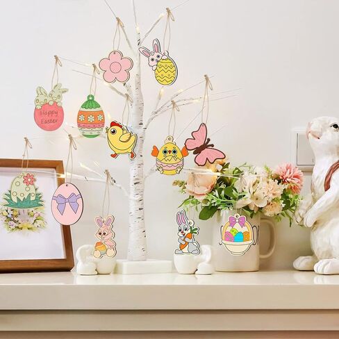 60 PCS Unfinished Easter Ornament Wood Crafts, 12 Styles DIY Unfinished Wood Crafts Kit with Strings, Colored Bells for Crafts Hanging Decorations, Egg Rabbit Bunny Butterfly Flower Hen Happy Easter in Saudi Arabia