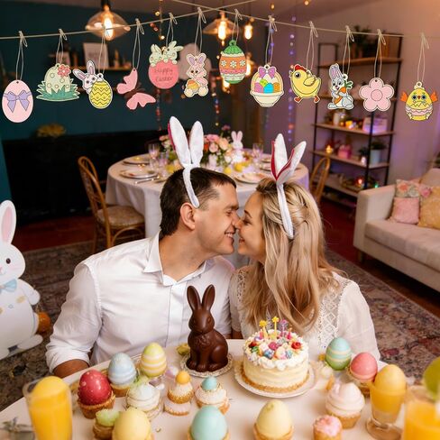 60 PCS Unfinished Easter Ornament Wood Crafts, 12 Styles DIY Unfinished Wood Crafts Kit with Strings, Colored Bells for Crafts Hanging Decorations, Egg Rabbit Bunny Butterfly Flower Hen Happy Easter in Saudi Arabia